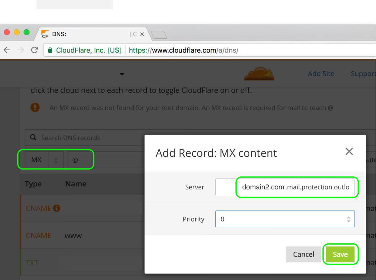 4.3 In CloudFlare select a new MX Record and paste the Office 365 mail protection 
